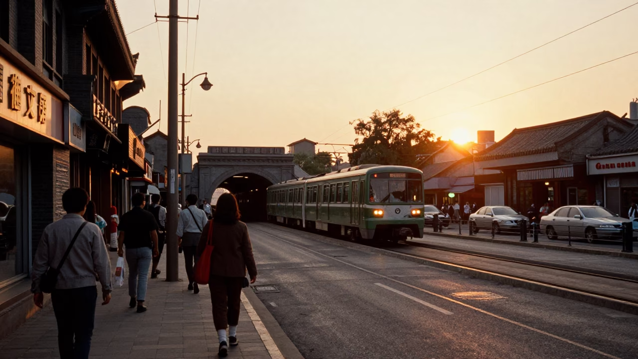 1980s Beijing Street Scene at Sunset with Metro Train Emerging from Tunnel in in Beijing, China