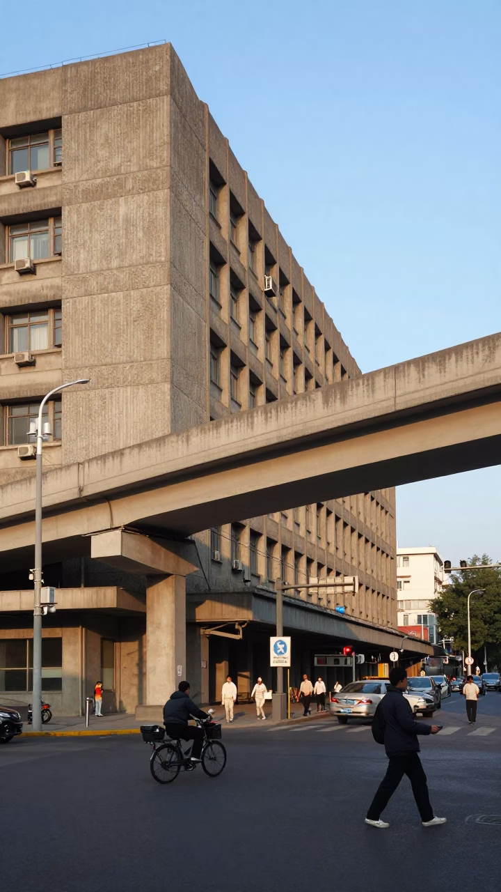 1980s Beijing street scene with concrete brutalist architecture and overpass ramp in in Beijing, China