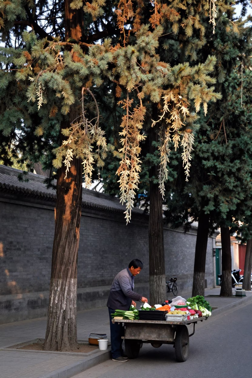 1980s Beijing Street Scene with Old Man's Beard Lichen and Morning Light in in Beijing, China
