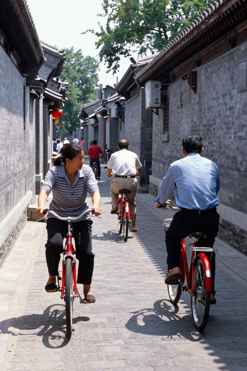 1980s Beijing Street Scene with Red Bicycles and Traditional Hutong Alleyway in in Beijing, China