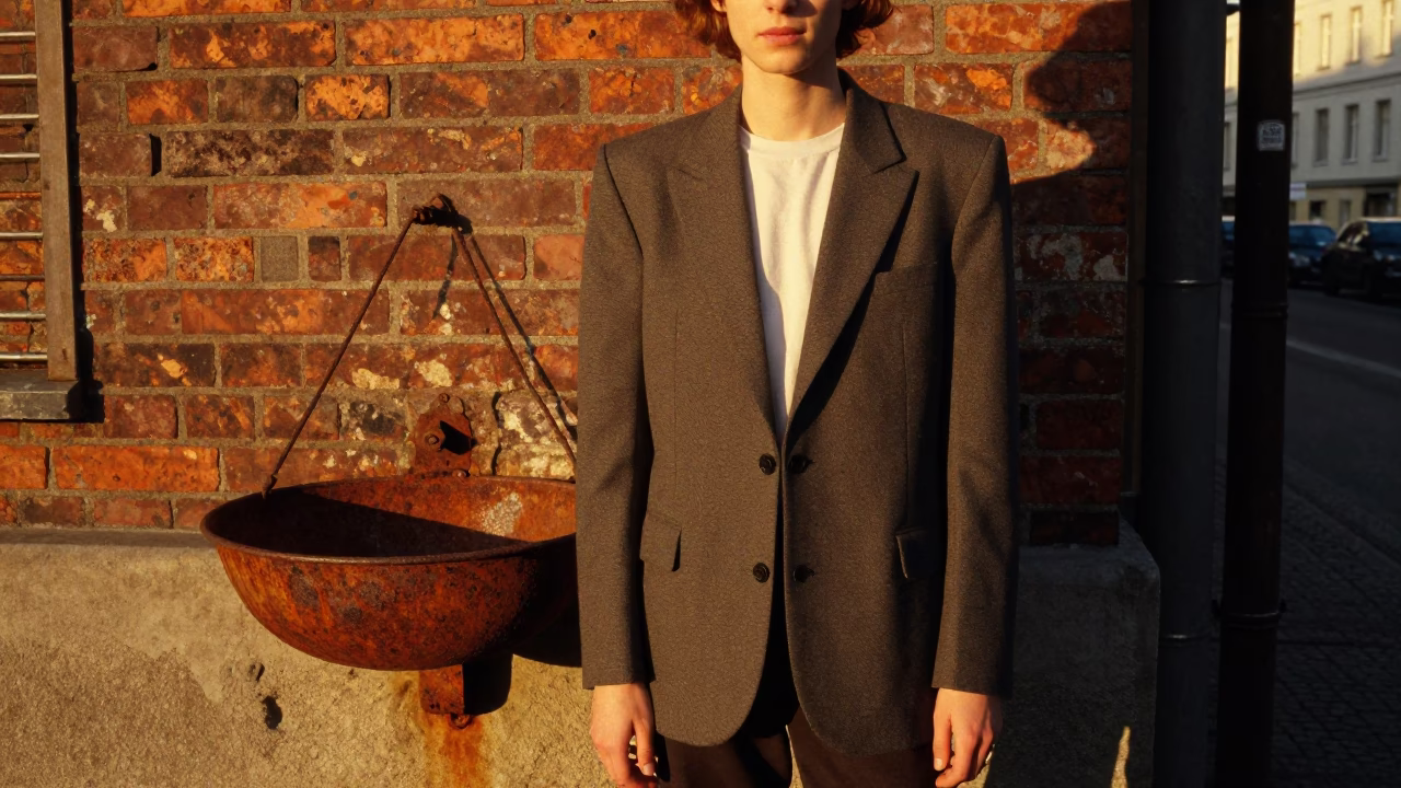 1980s Berlin Evening Street Style Fashion Portrait with Rusty Basin and Spice Jar in in Berlin, Germany