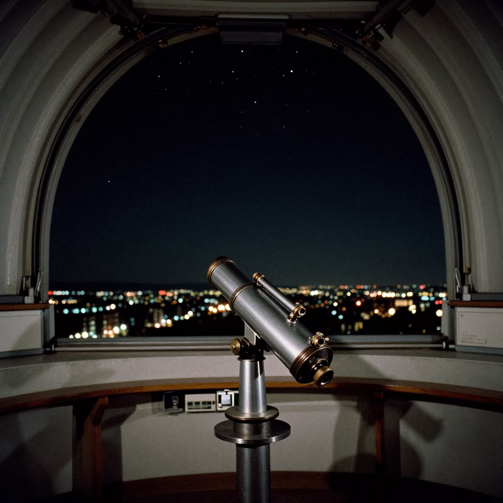 1980s Berlin Night Sky Observatory Interior with Vintage Telescope and Scattered Cedar Needles in in Berlin, Germany