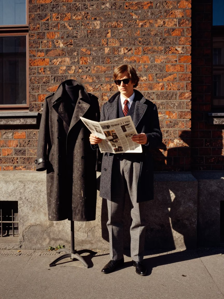 1980s Berlin Street Fashion High Contrast Portrait with Newspaper Stack and Coat Stand in in Berlin, Germany