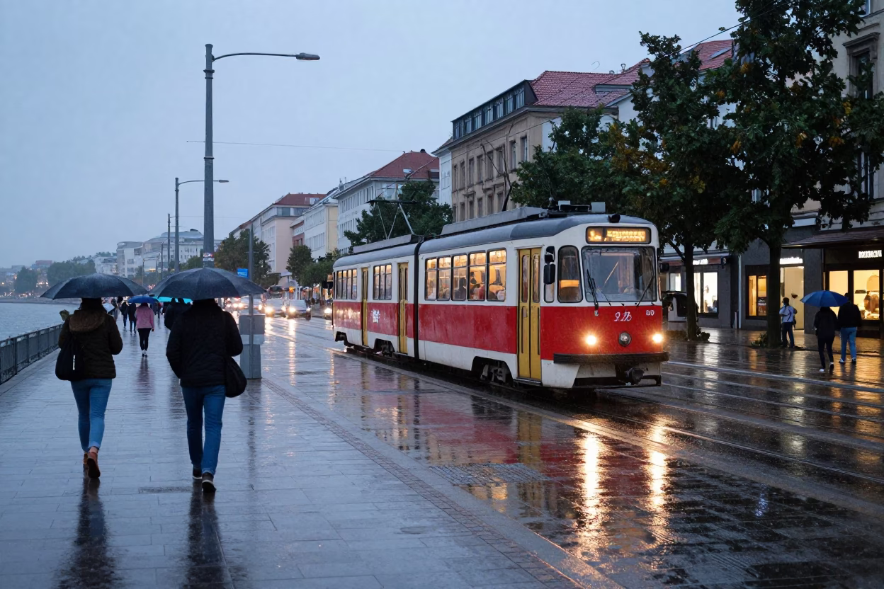 1980s Berlin Street Scene with Heritage Tram and Rain-Swept Promenade in in Berlin, Germany