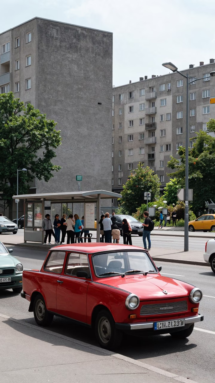 1980s Berlin Street Scene with Trabant Cars and Plattenbau Architecture at Midday in in Berlin, Germany