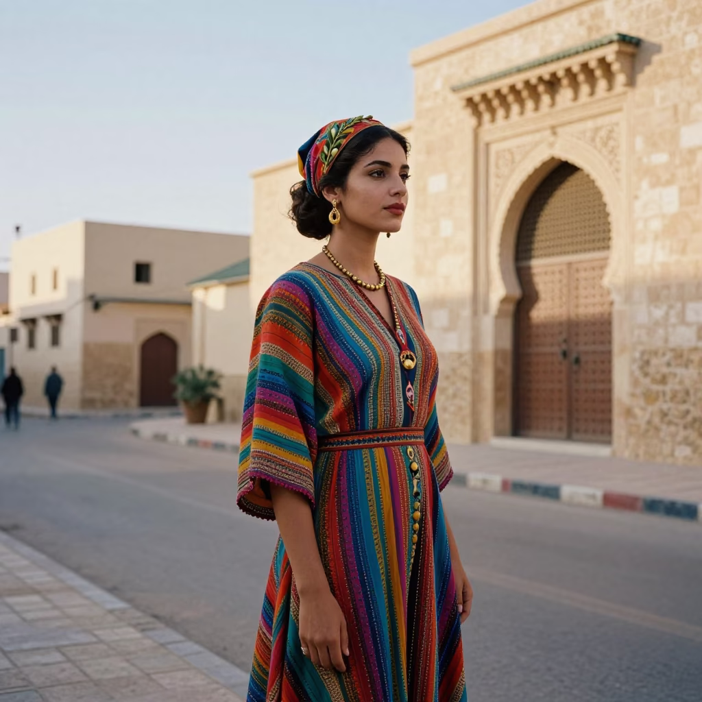 1980s Casablanca Street Fashion and Olive Branch Detail in Late Morning Light in in Casablanca, Morocco