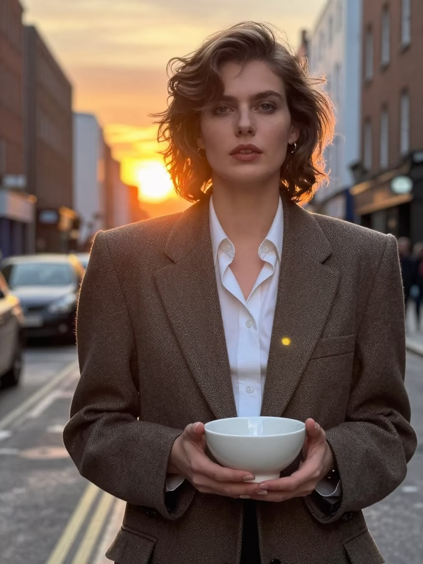 1980s Dublin Street Fashion Portrait with Ceramic Bowl and Olive Wood Spoon at Sunset in in Dublin, Ireland