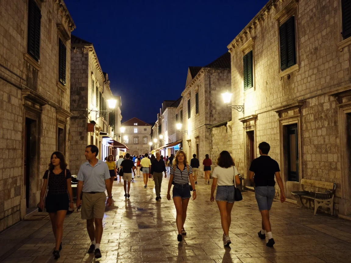 1980s Dubrovnik Night Street Scene with Tourists and Local Life Under Deep Night Sky in in Dubrovnik, Croatia