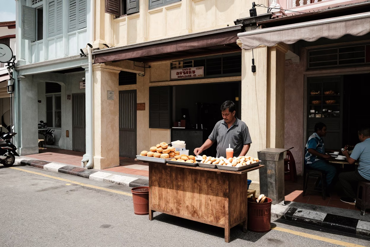 1980s George Town Malaysia Street Scene with Palmier Pastries and Vintage Shop in in George Town, Malaysia