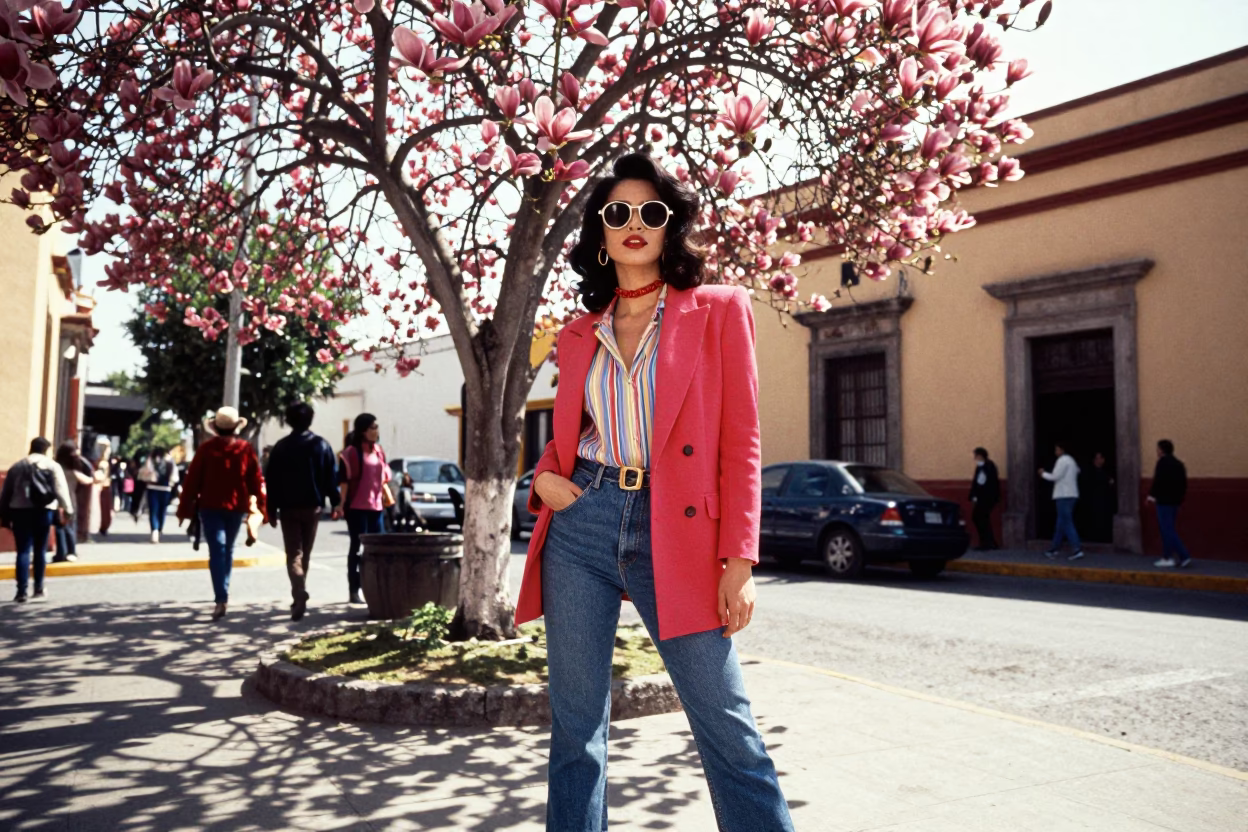 1980s Guadalajara Fashion Portrait with Magnolia Tree Bloom and Street Life in in Guadalajara, Mexico