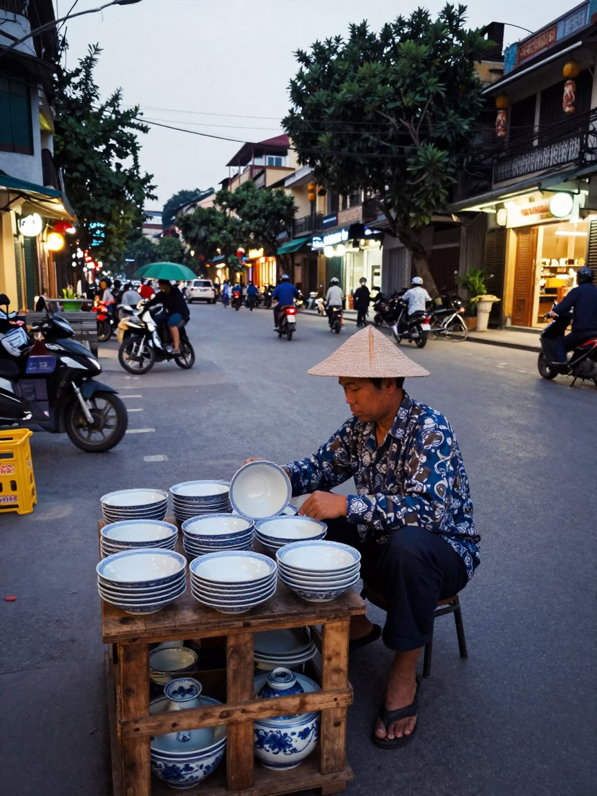 1980s Hanoi Vietnam Evening Street Scene with Blue White Porcelain and Lantern Light in in Hanoi, Vietnam