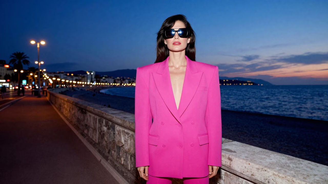 1980s High Fashion Neon Portrait on Promenade des Anglais at Dusk in Nice France in in Nice, France