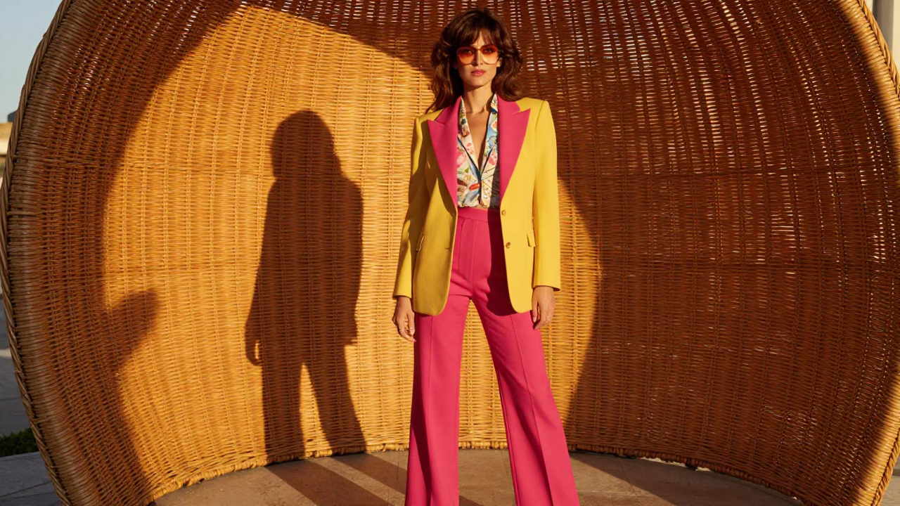 1980s High Fashion Portrait in Palermo Evening Light with Wicker Lamp Shadow in in Palermo, Italy