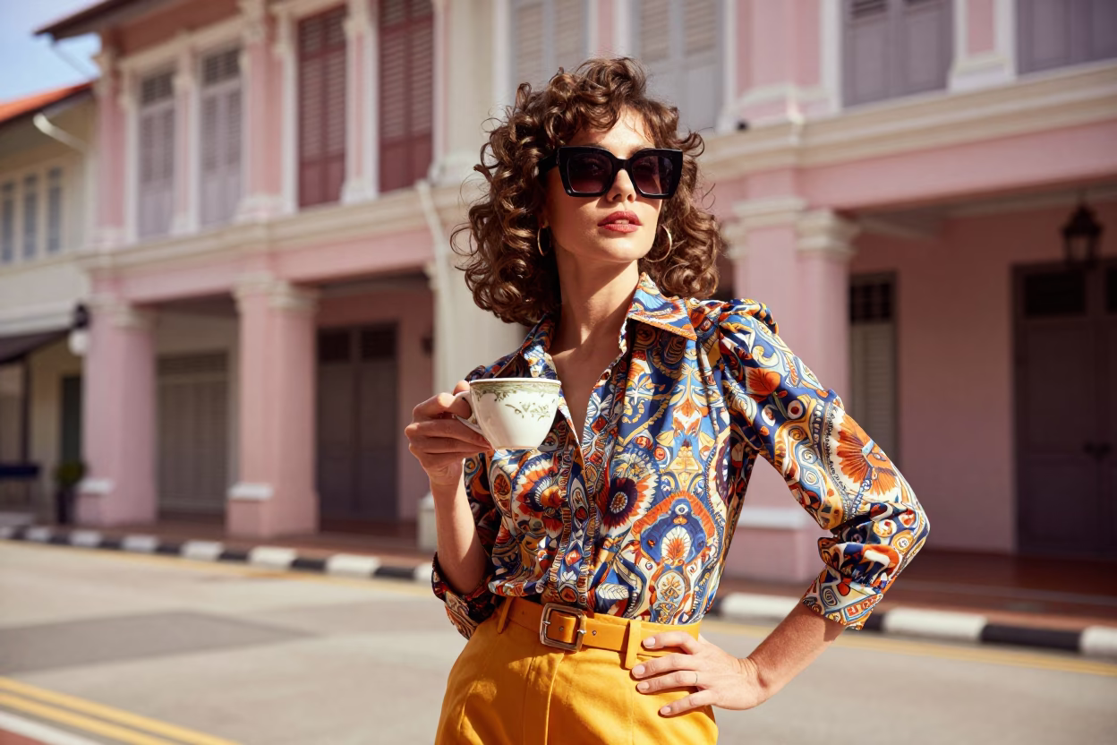 1980s High Fashion Portrait of a Woman in George Town Malaysia with Ceramic Cup in in George Town, Malaysia