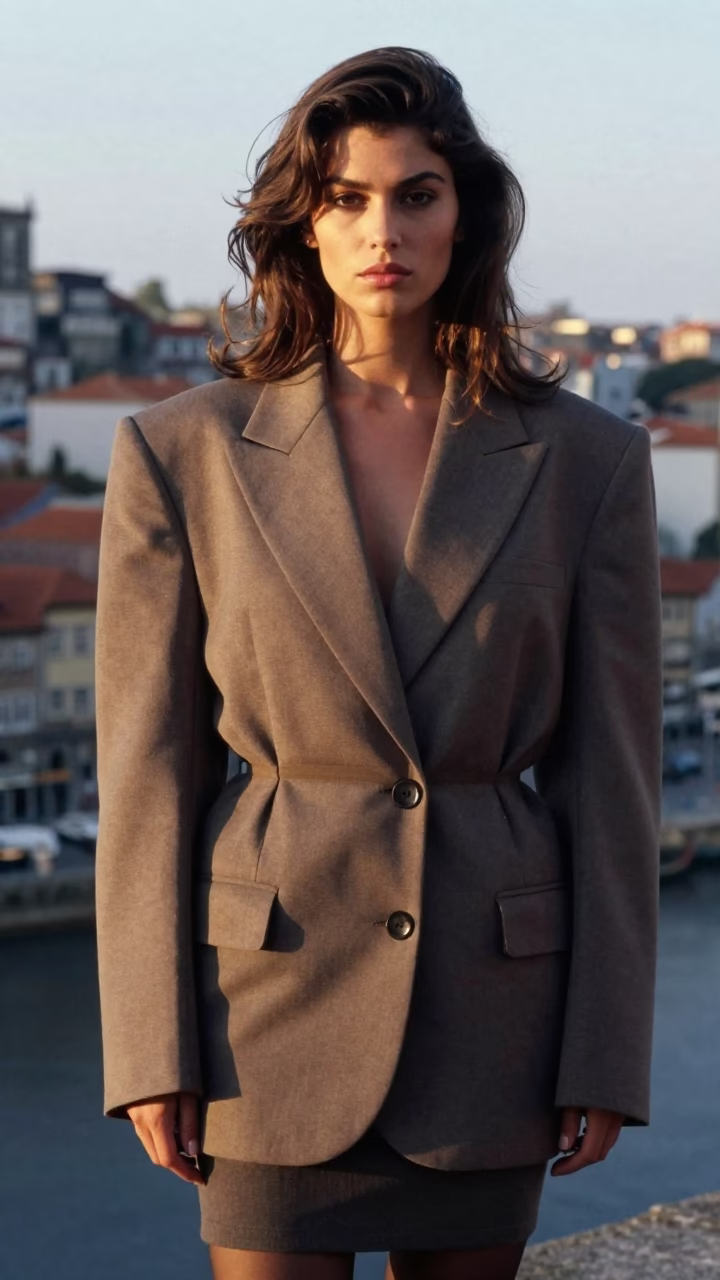 1980s High Fashion Portrait of Model in Vintage Coat Near Porto Riverfront at Sunrise in in Porto, Portugal