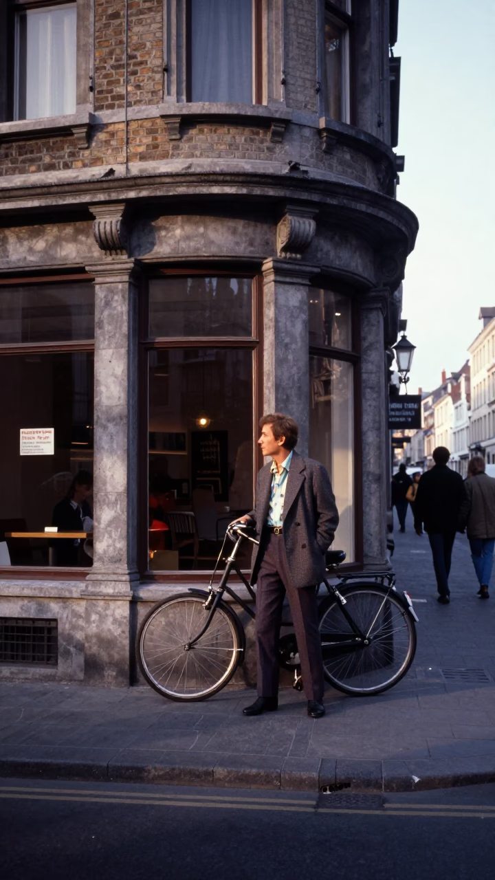 1980s High Fashion Street Style in Brussels Early Morning with Bicycle and Bakery in in Brussels, Belgium