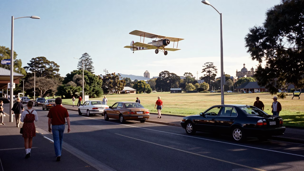 1980s Hobart Street Scene with Vintage Biplane Flyover and Local Pedestrians in in Hobart, Tasmania, Australia