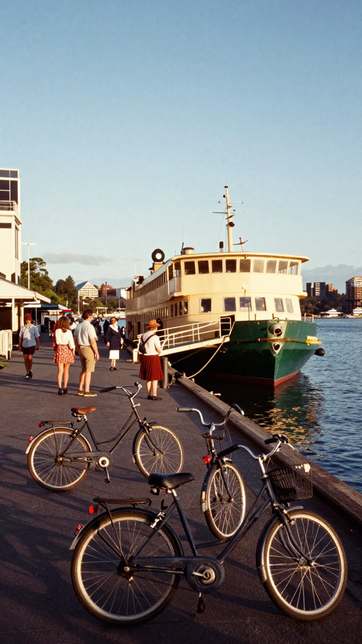 1980s Hobart Tasmania Ferry Dock Afternoon Scene with Bicycles and Passengers in in Hobart, Tasmania, Australia