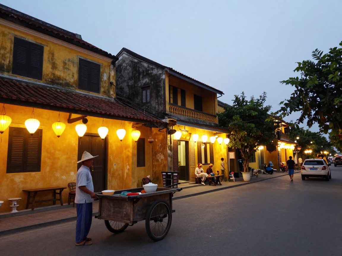 1980s Hoi An Vietnam Street Scene at Dusk with Lanterns and Vintage Tiffin Tin in in Hoi An, Vietnam