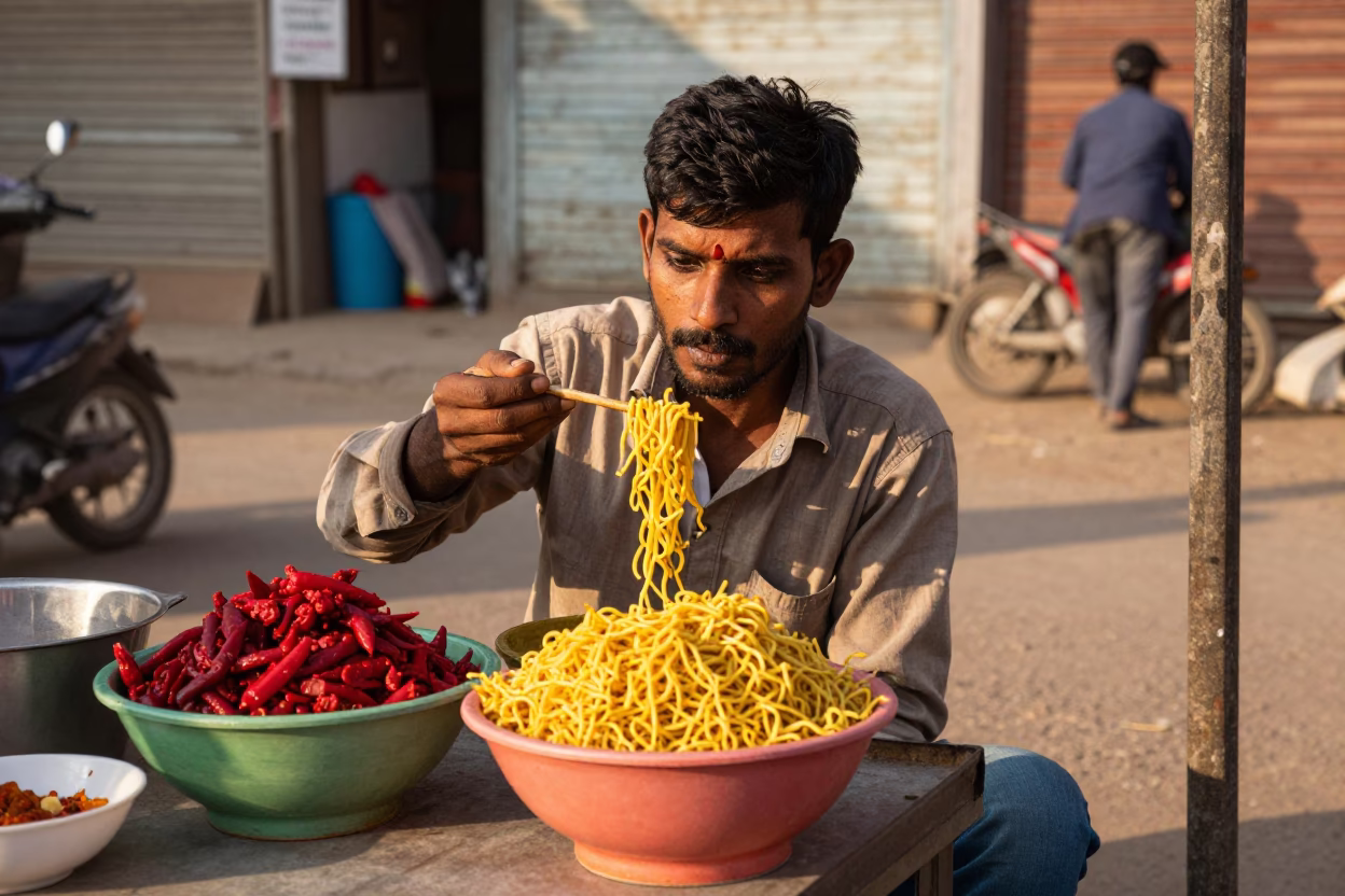 1980s Hyderabad Street Scene with Colorful Noodle Bowl and Peg Rail in in Hyderabad, India