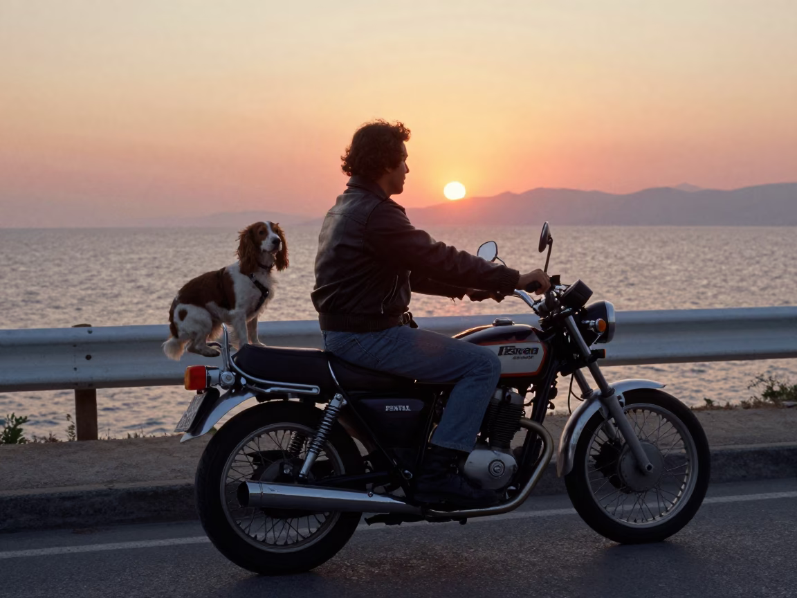 1980s Izmir Turkey Sunset Coastal Highway Motorcycle Rider Cocker Spaniel Linen Fringe Detail in in Izmir, Turkey
