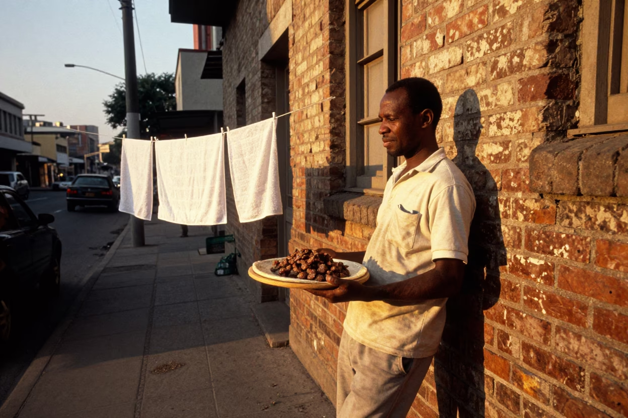 1980s Johannesburg Evening Street Scene with Drying Towels and Brass Hardware in in Johannesburg, South Africa
