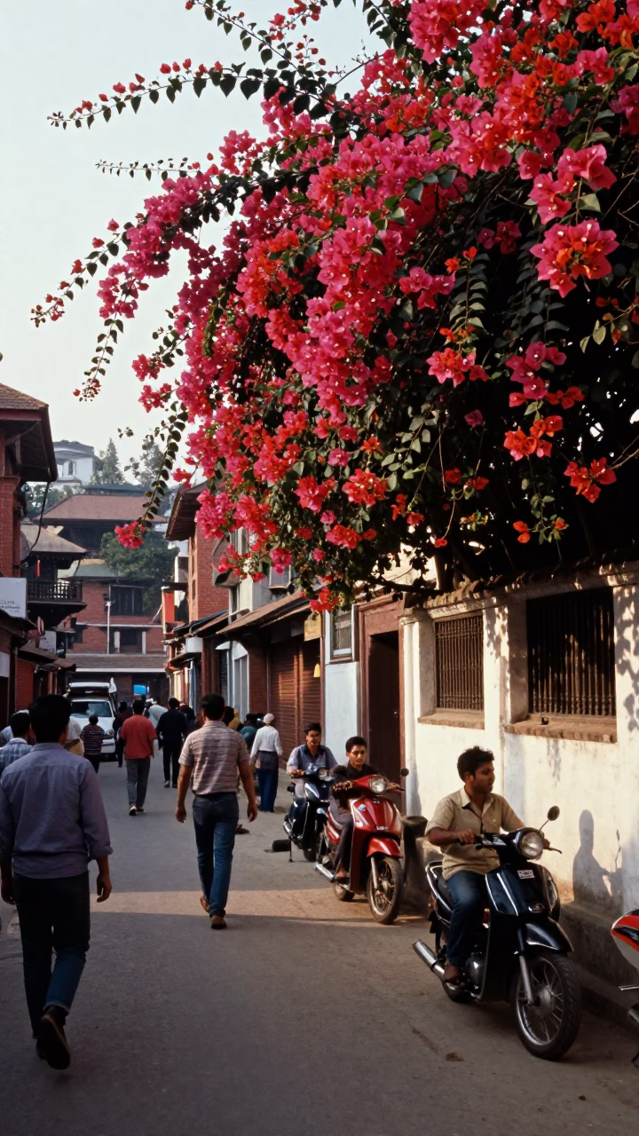 1980s Kathmandu Street Scene with Bougainvillea and Local Life in in Kathmandu, Nepal