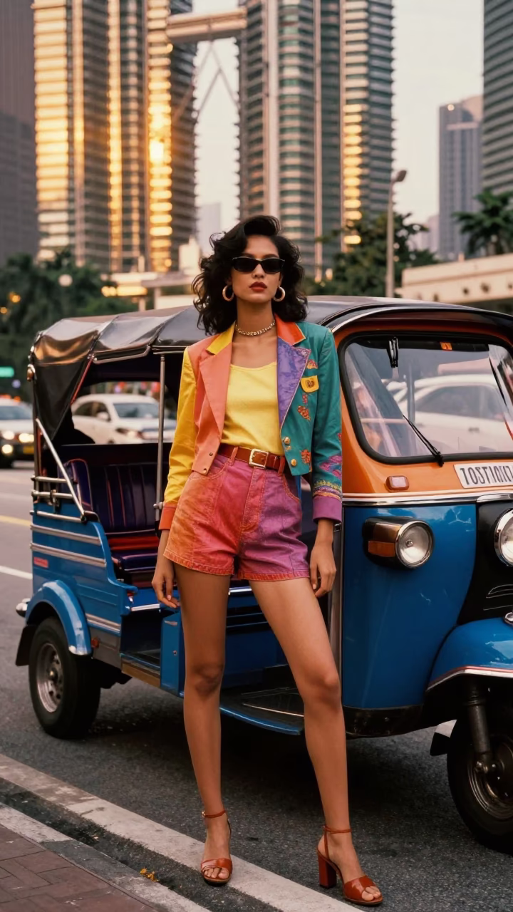 1980s Kuala Lumpur Fashion Portrait with Auto-Rickshaw and Golden Hour Light in in Kuala Lumpur, Malaysia