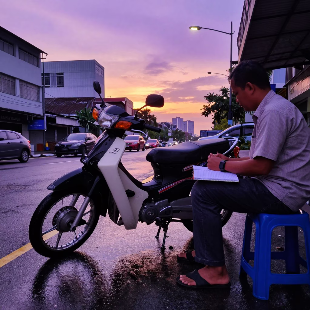 1980s Kuala Lumpur street scene with motorbike and notebook at sunset in in Kuala Lumpur, Malaysia