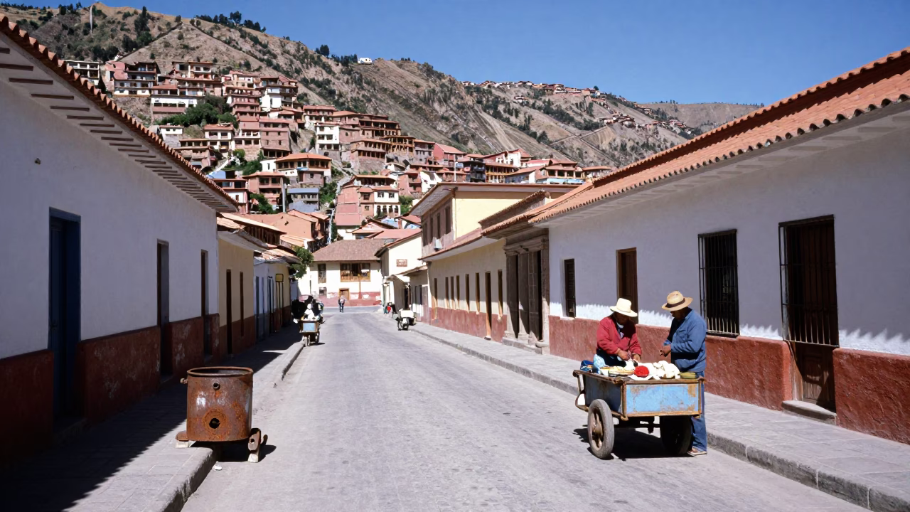 1980s La Paz Bolivia Noon Street Scene with Rusty Latch and Canisters in in La Paz, Bolivia