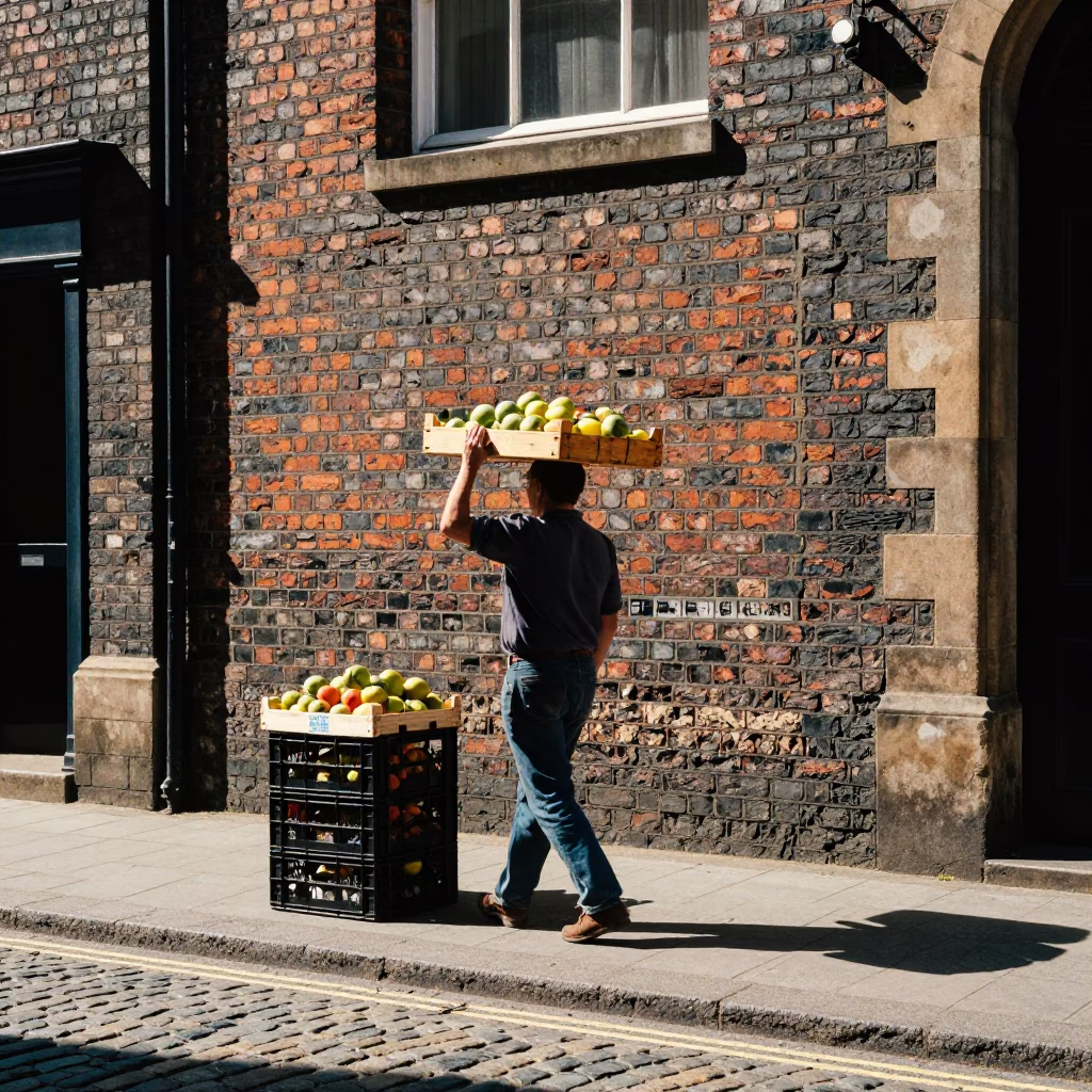 1980s Liverpool Street Scene with Fruit Crate and Stone Wall at Midday in in Liverpool, United Kingdom