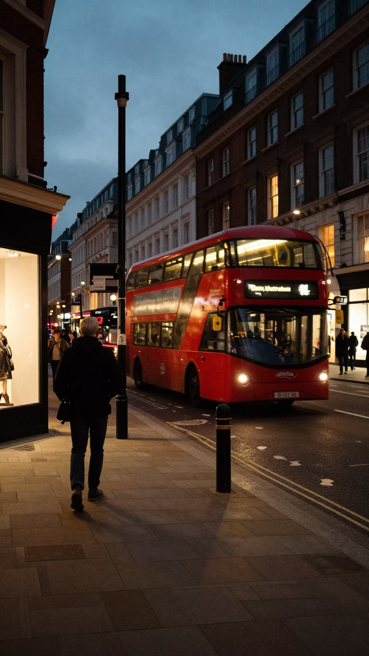 1980s London street corner at dusk with glowing shop windows and vintage pedestrians in in London, United Kingdom