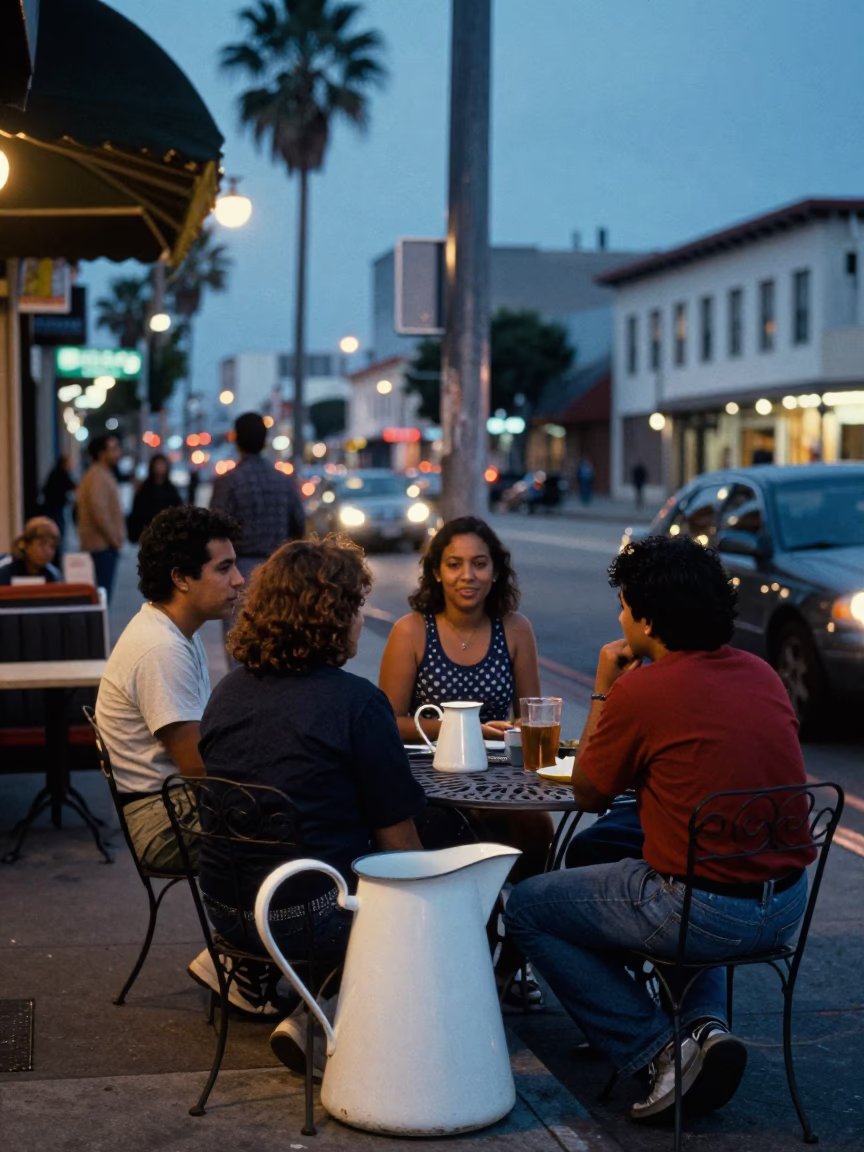 1980s Los Angeles Evening Street Scene with Vintage Enamel Pitcher and Brass Accents in in Los Angeles, California, United States