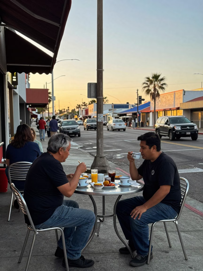1980s Los Angeles Street Breakfast Scene with Enamel Bowls and Coffee in in Los Angeles, California, United States