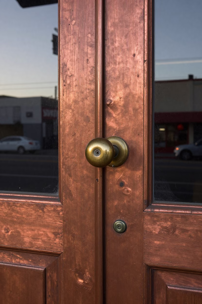 1980s Los Angeles Street Scene with Doorknob Detail in Copper Before Dusk in in Los Angeles, California, United States
