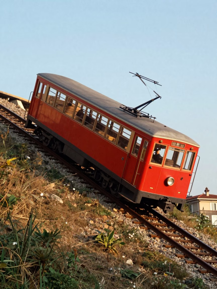 1980s Lyon France Funicular Railway Climbing Steep Hill Early Afternoon Realistic Photograph in in Lyon, France