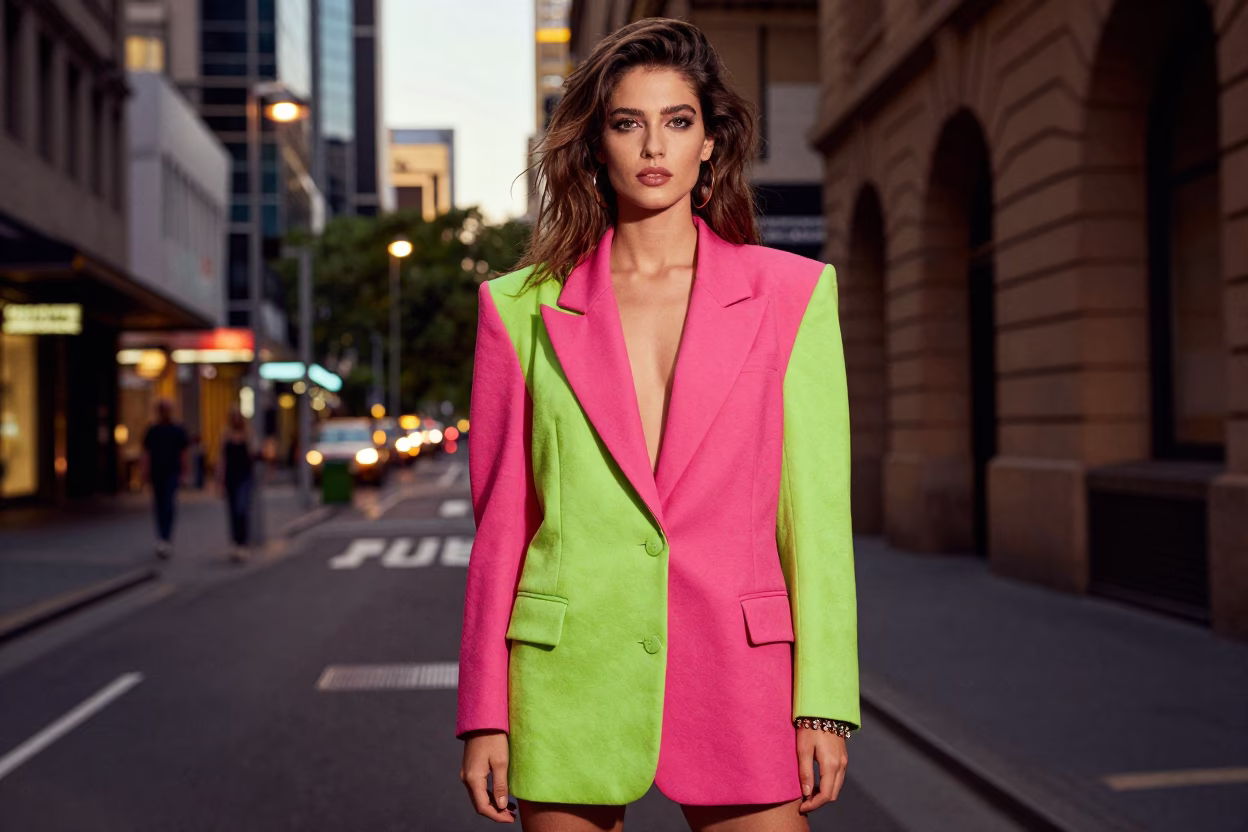 1980s Melbourne Fashion Portrait with Charm Bracelet and City Lights at Dusk in in Melbourne, Victoria, Australia