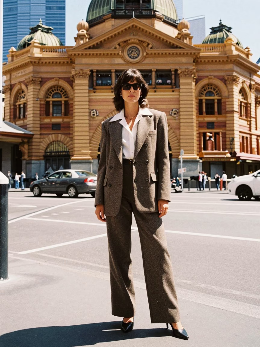 1980s Melbourne High Fashion Street Style at Midday with Rolled Umbrella in in Melbourne, Victoria, Australia