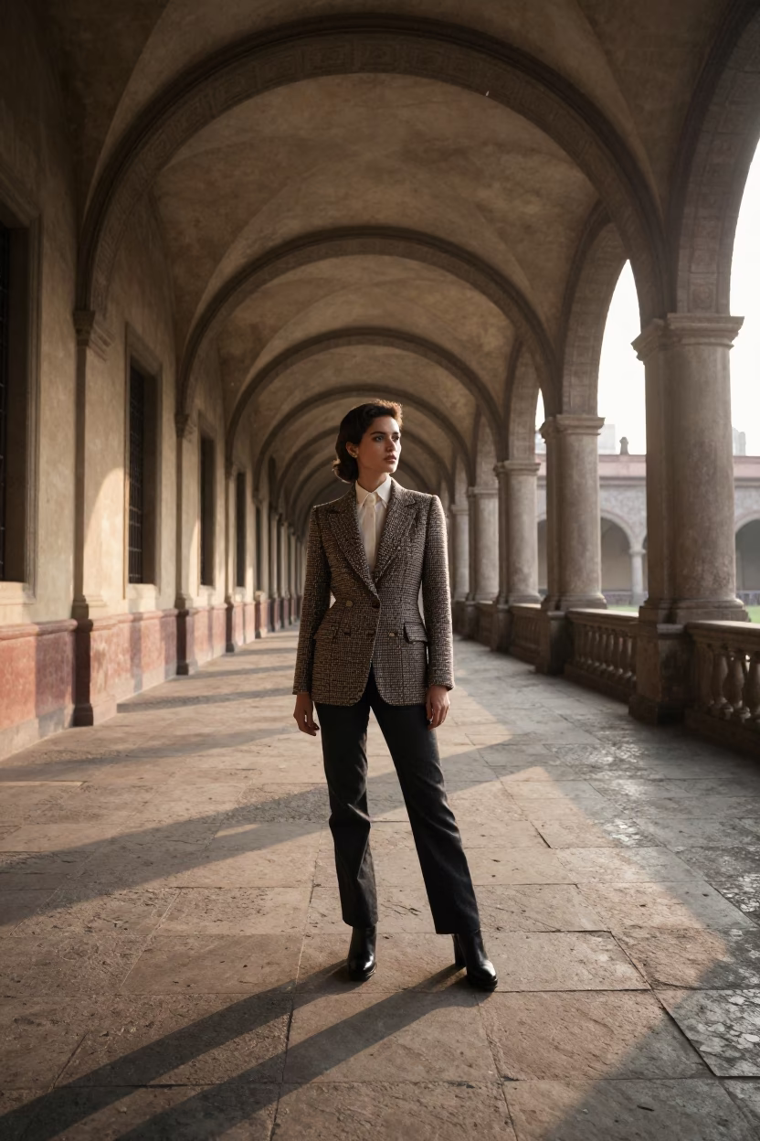 1980s Mexico City High Fashion Portrait in University Cloister Walkway at Sunrise in in Mexico City, Mexico