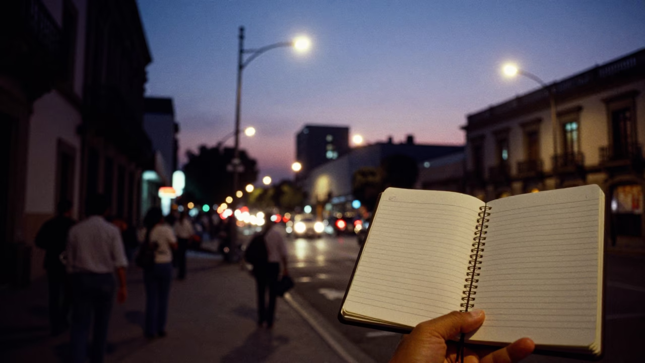 1980s Mexico City Night Street Scene with Notebook and Dusk Lighting in in Mexico City, Mexico