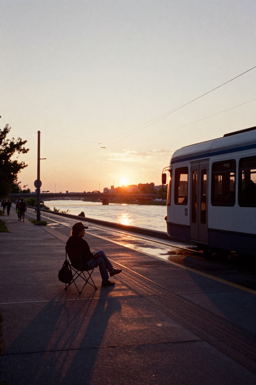 1980s Montreal Sunset Monorail Over River with Folding Chair on Walkway in in Montreal, Quebec, Canada