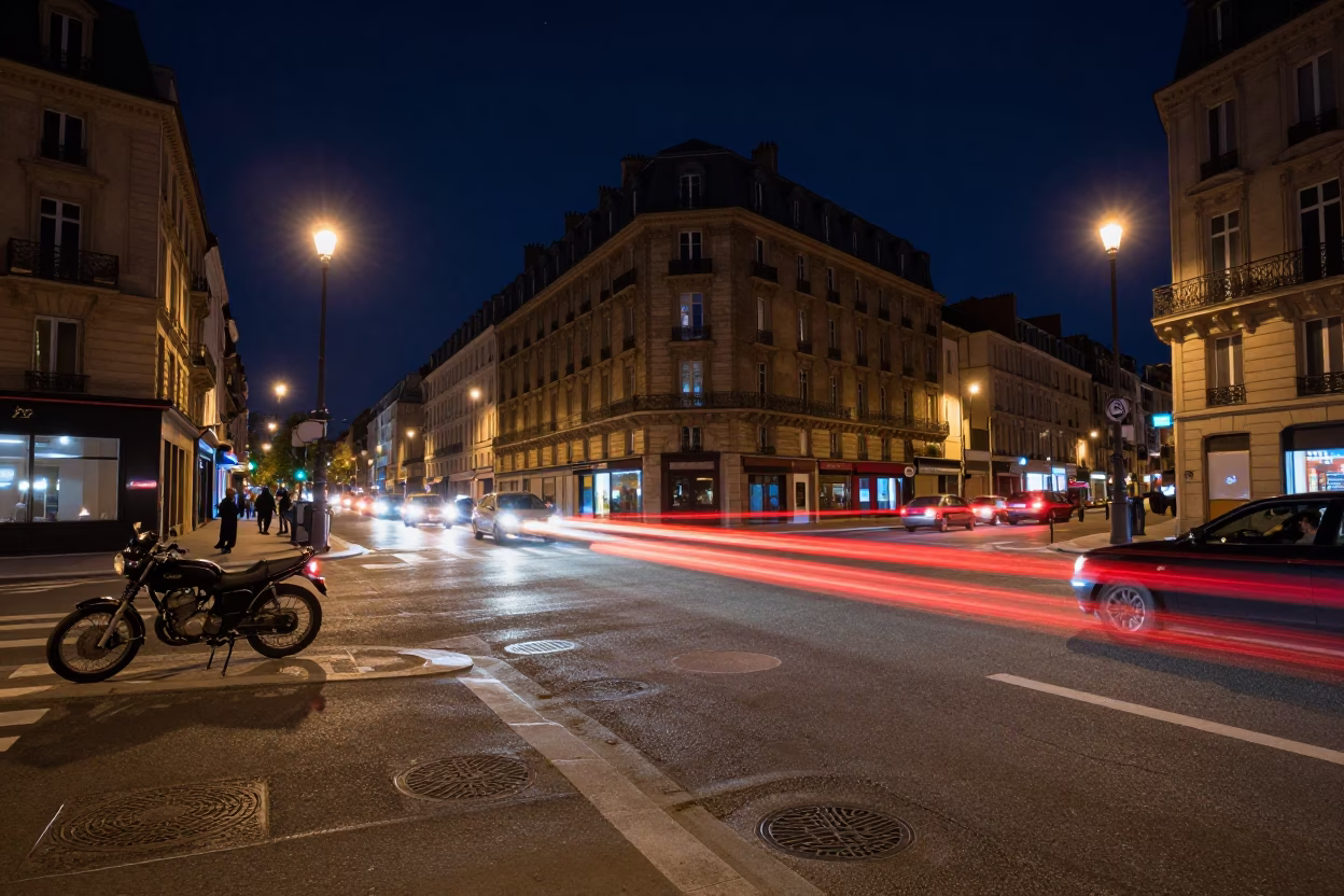 1980s Paris Night Street Scene with Car Headlight Trails and Urban Details in in Paris, France