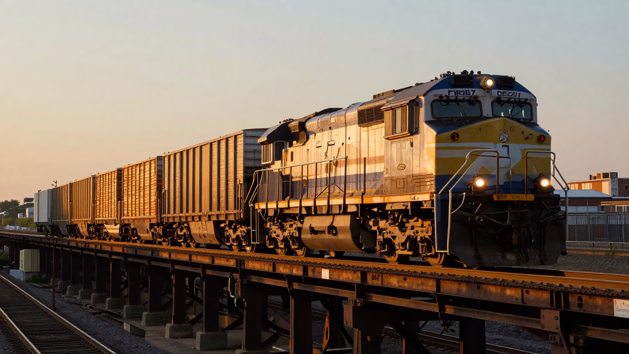 1980s Philadelphia Evening Light Freight Train Lumber Trestle Urban Skyline Scene in in Philadelphia, Pennsylvania, United States