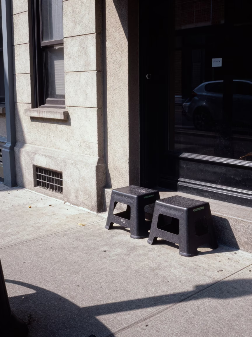1980s Philadelphia Street Scene with Step Stools and Urban Architecture in in Philadelphia, Pennsylvania, United States