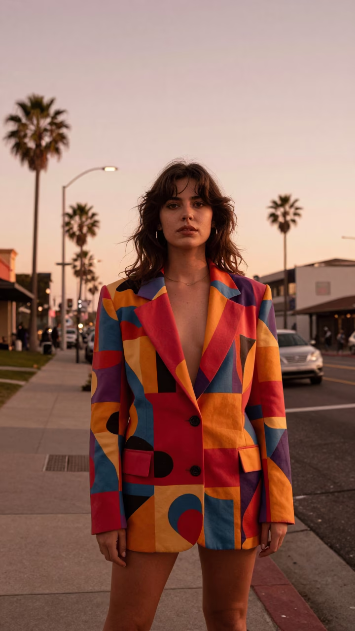 1980s San Diego Street Style Portrait in Copper Toned Dusk Light with Fashion Details in in San Diego, California, United States