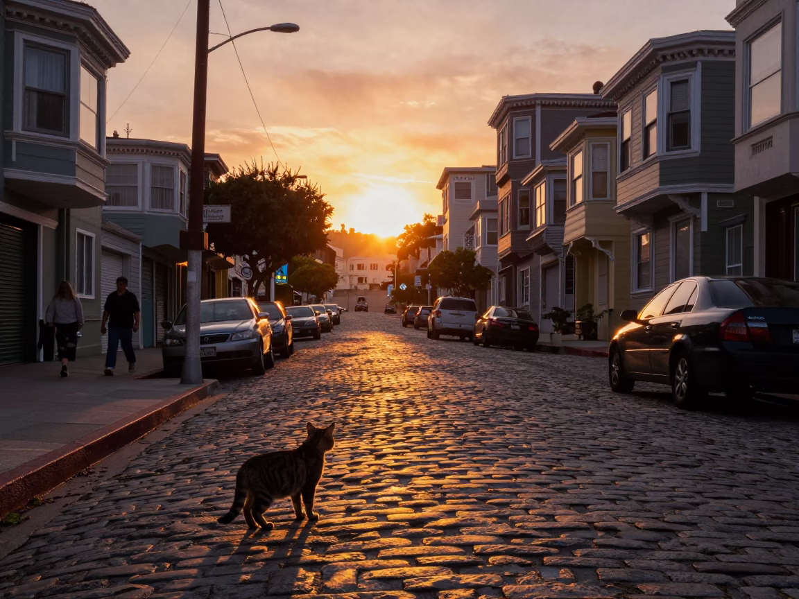 1980s San Francisco Sunset Street Scene with Tabby Cat and Urban Details in in San Francisco, California, United States