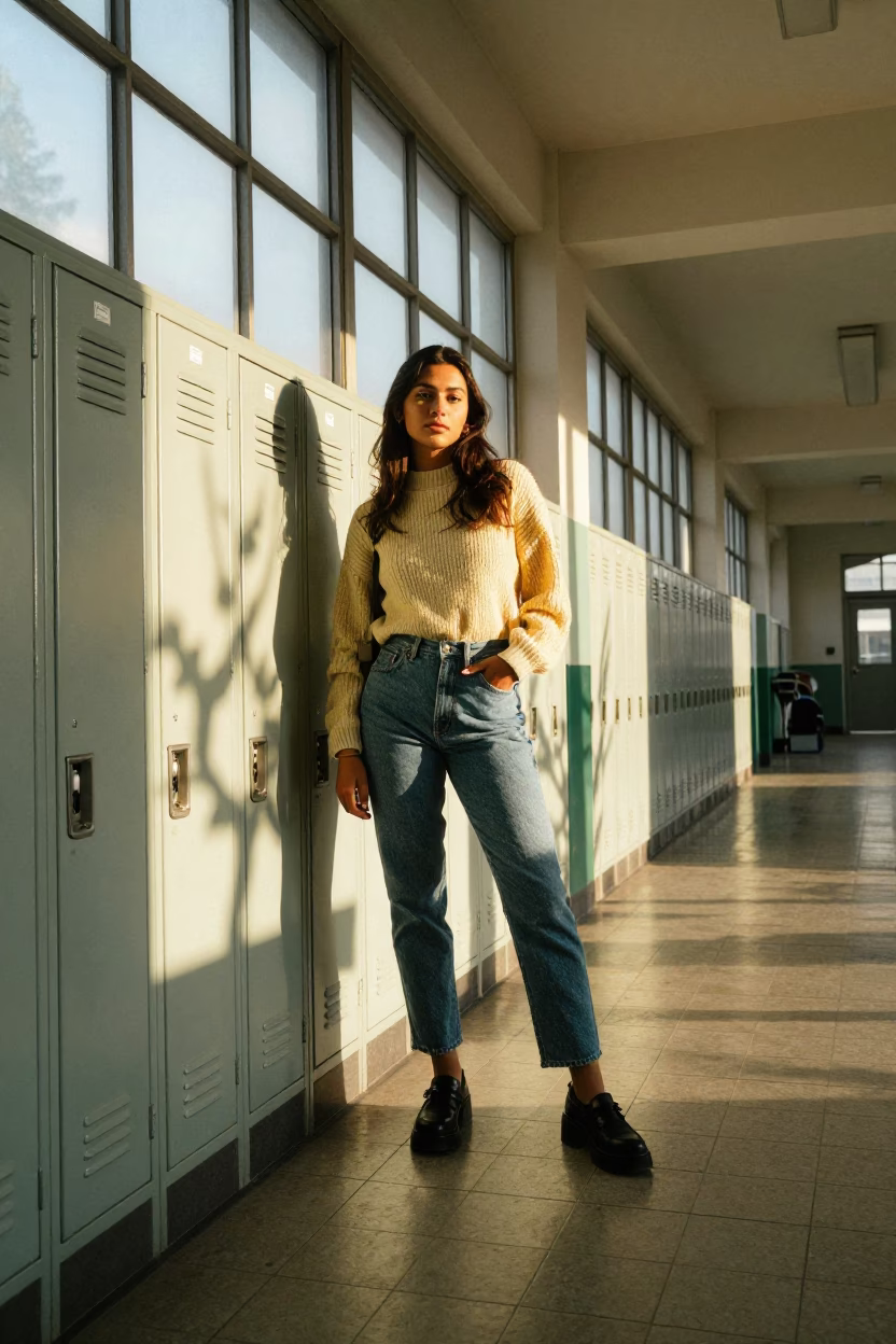 1980s Seattle Sunrise Fashion Portrait with School Lockers and Leaf Shadows in in Seattle, Washington, United States