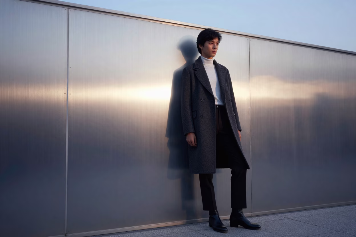 1980s Seoul Fashion Photography Brushed Steel Wall Early Morning Light in in Seoul, South Korea