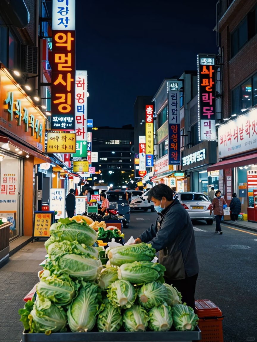 1980s Seoul Night Street Scene with Neon Lights and Cabbages in in Seoul, South Korea