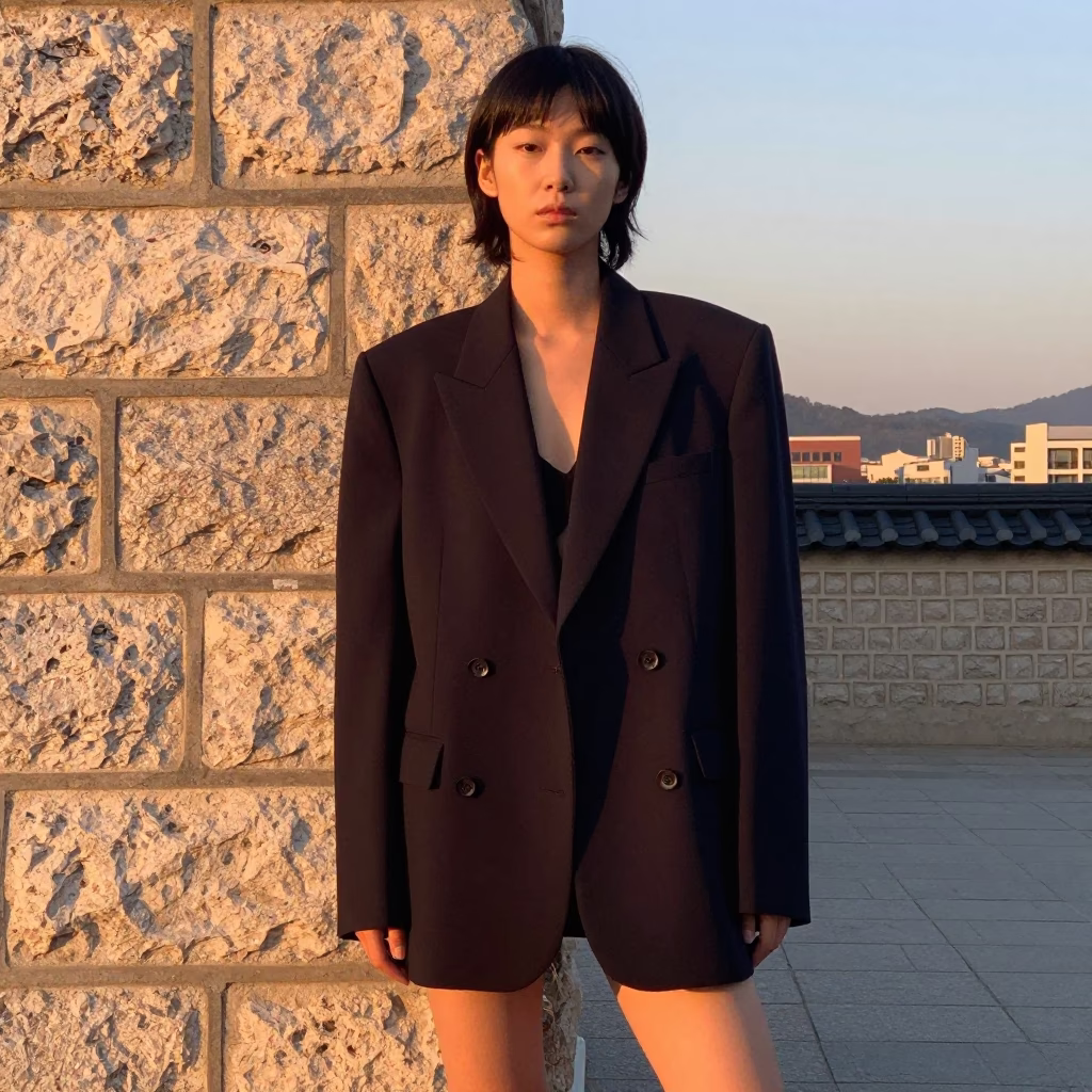 1980s Seoul Street Fashion Portrait at Sunrise with Stone Wall and Vine in in Seoul, South Korea